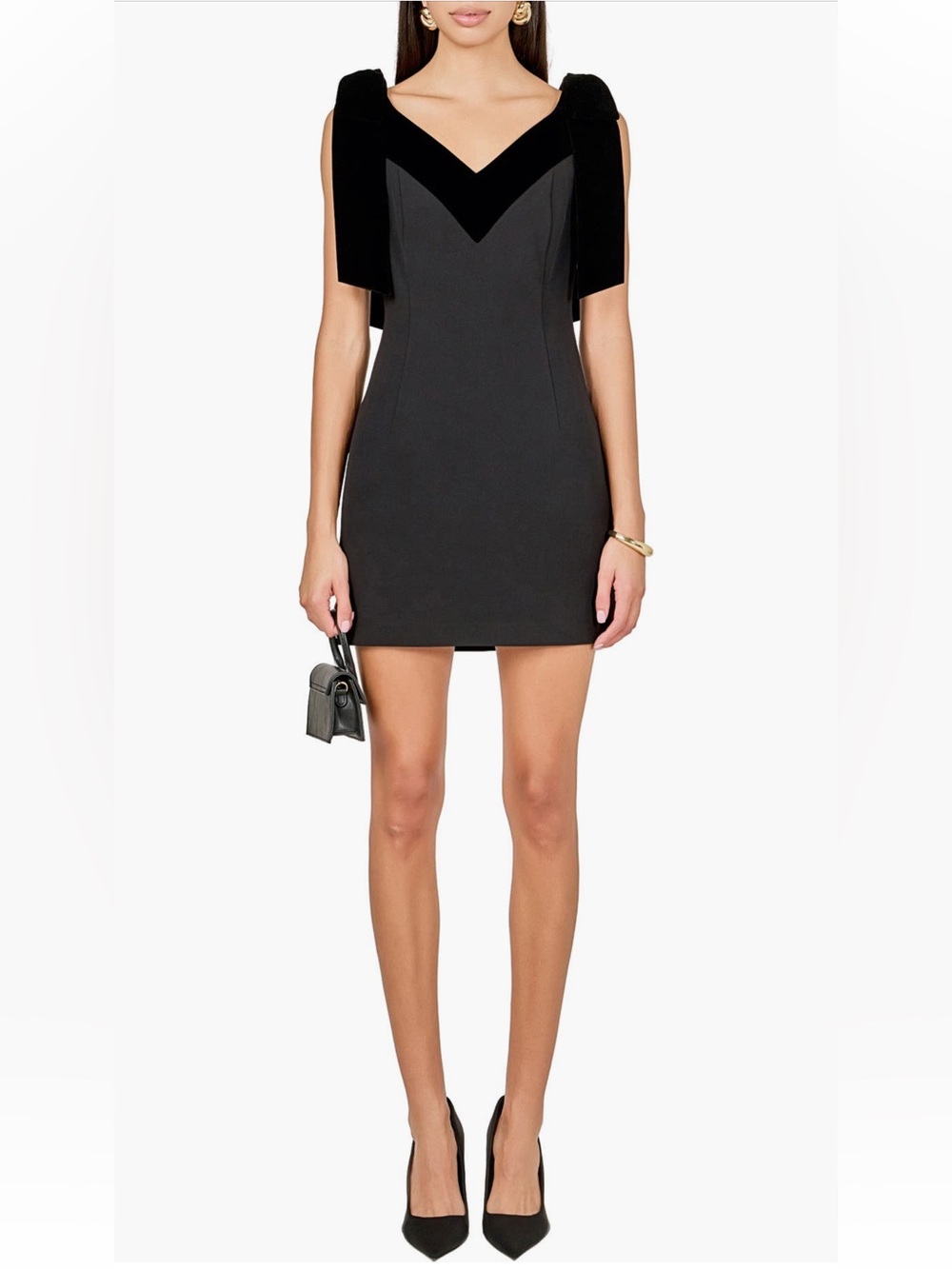 Endless Rose Velvet Trim Mini Dress Women’s S Black Bow Shoulder NWOT